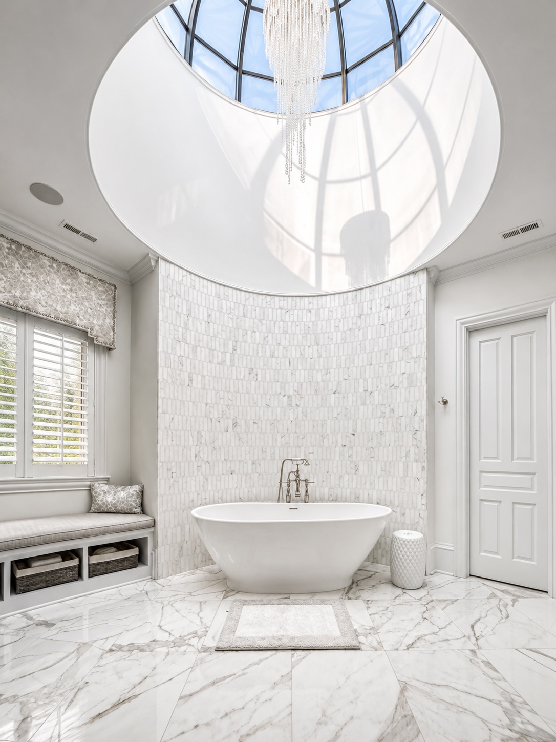 Primary bath rotunda with radial mosaic marble floor and oculus skylight