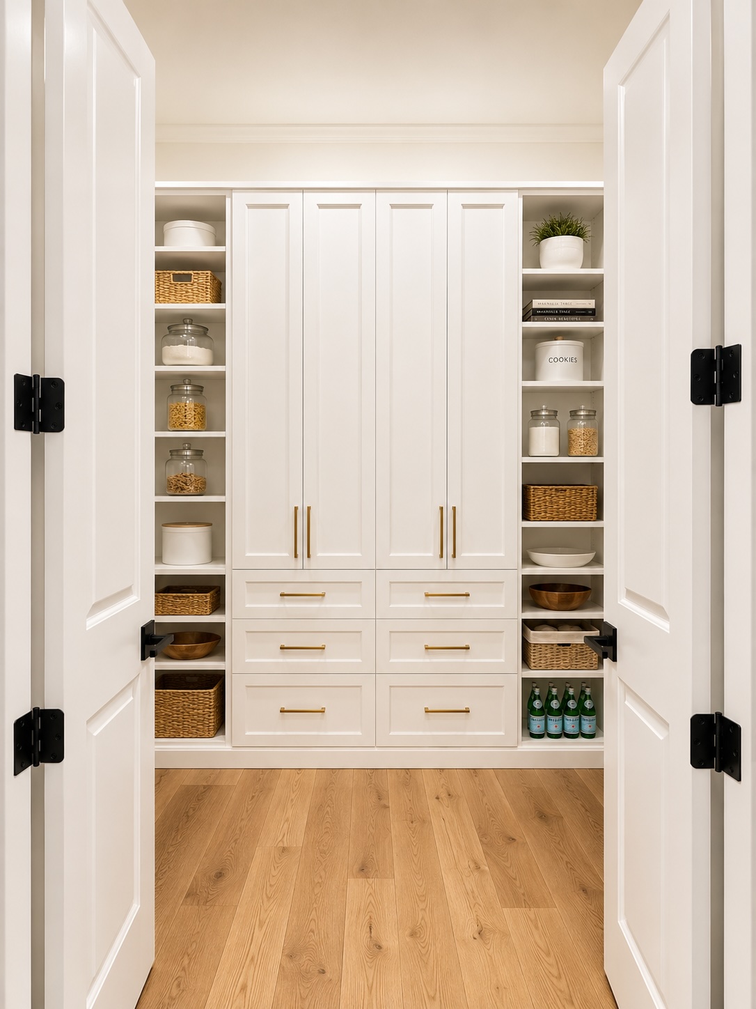 Walk-in pantry with custom shelving, brass hardware, and marble counters