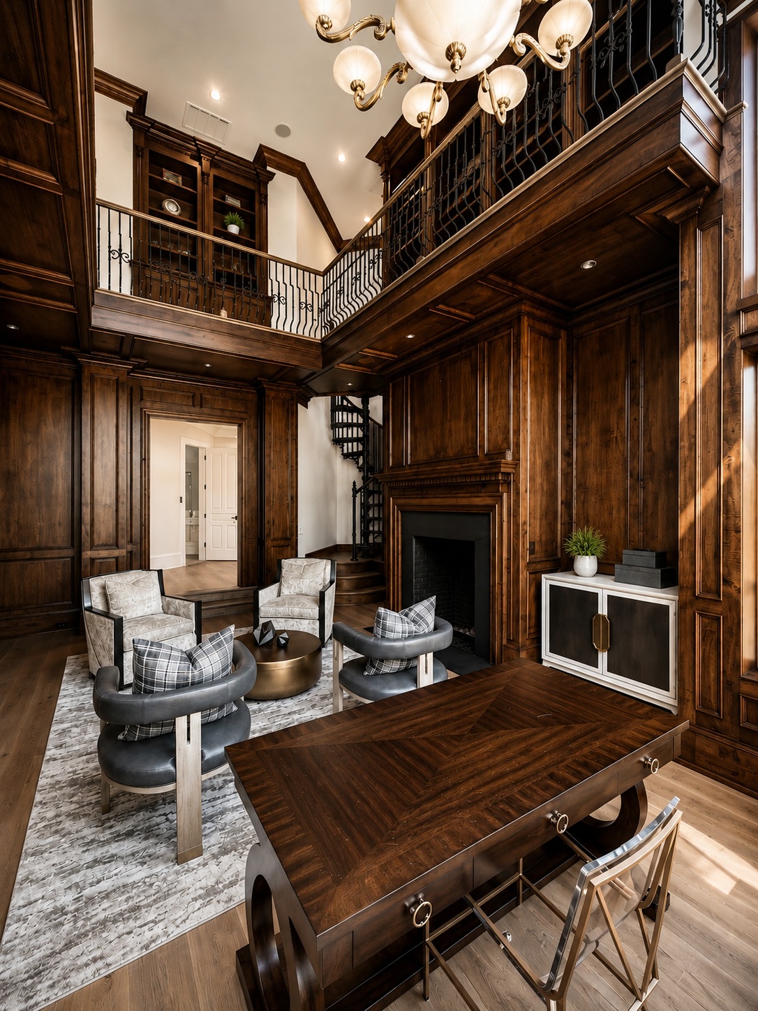 Two-story wood-paneled library with spiral staircase and walnut bookcases