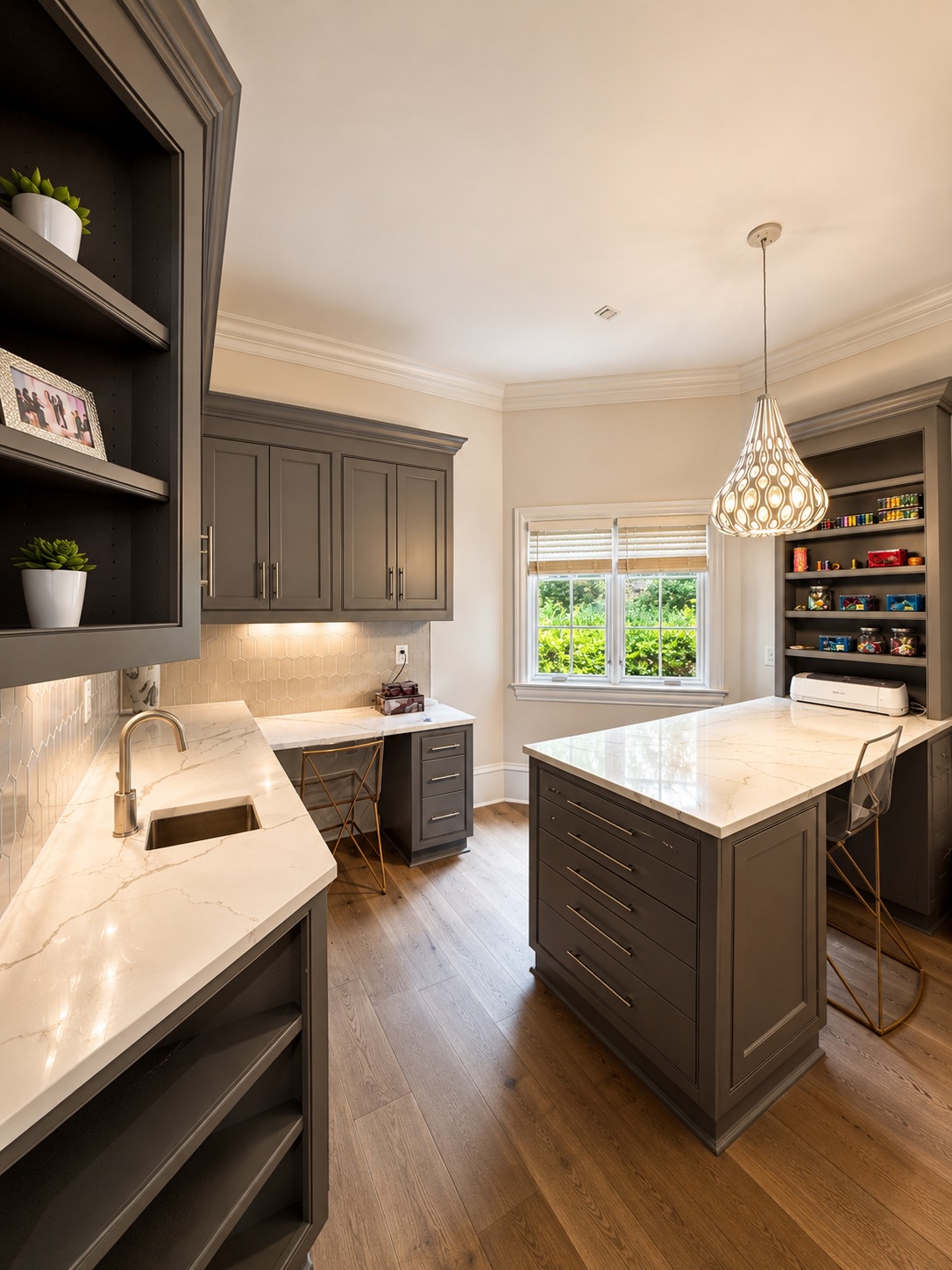 Craft and hobby room with dual workstations and abundant storage