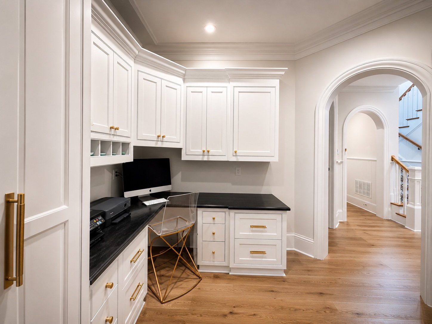 Second home office with custom millwork and built-in desk