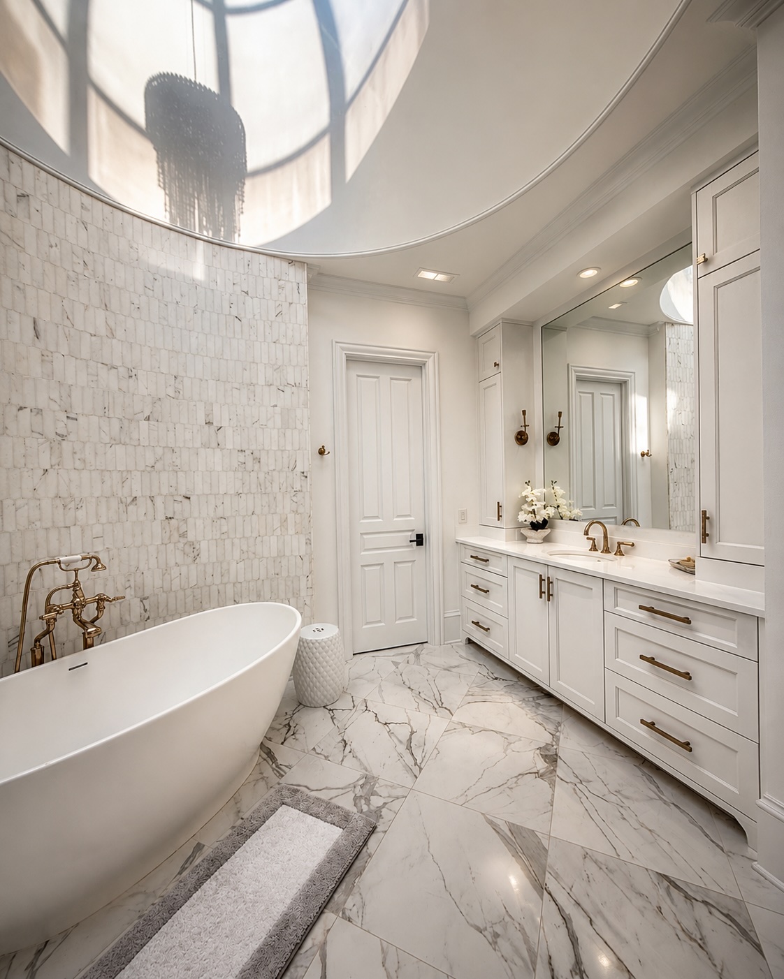 Primary bath with freestanding soaking tub beneath a domed skylight and chandelier