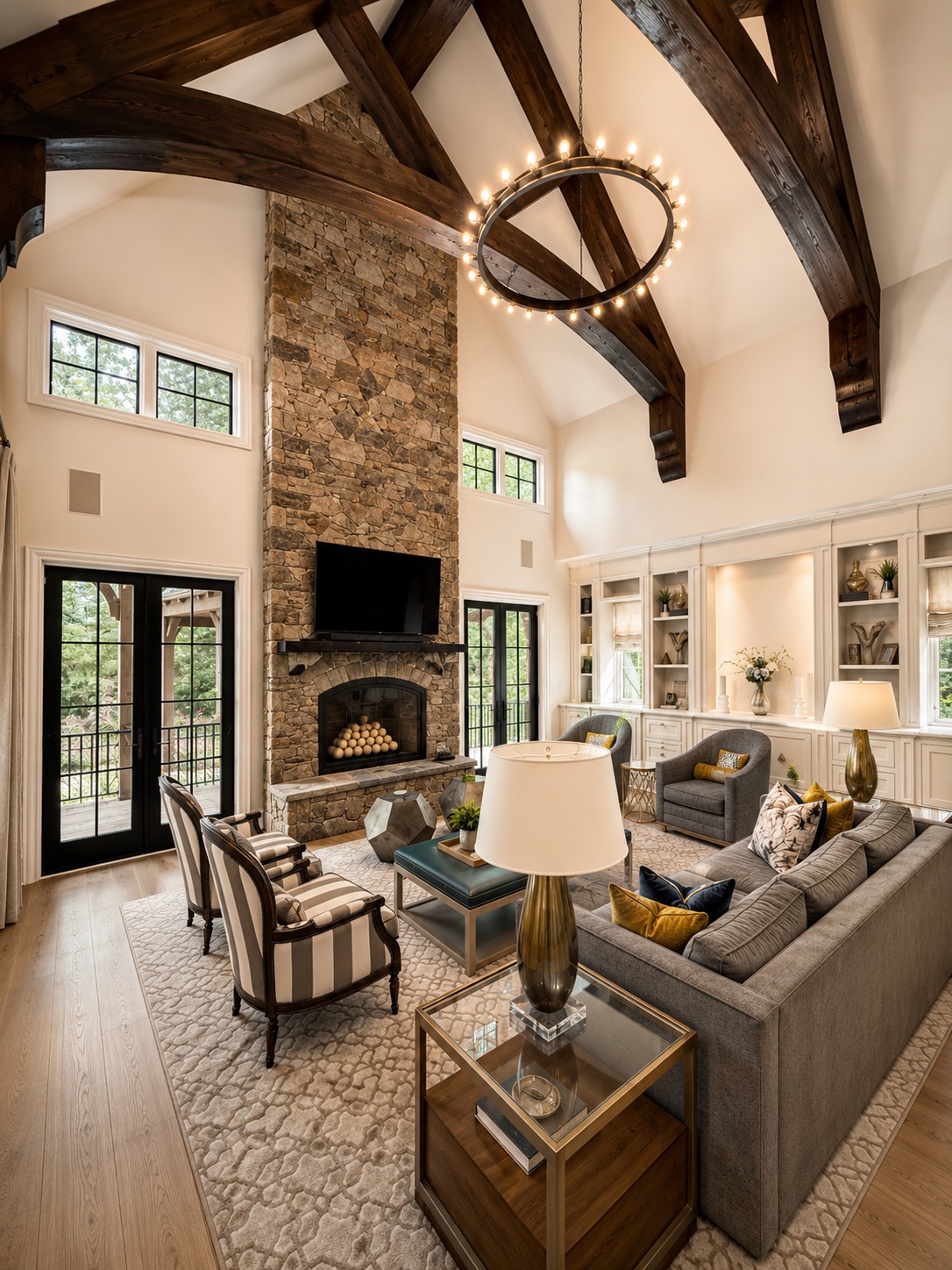 Hearth room with cathedral ceiling, exposed beams, and stone fireplace