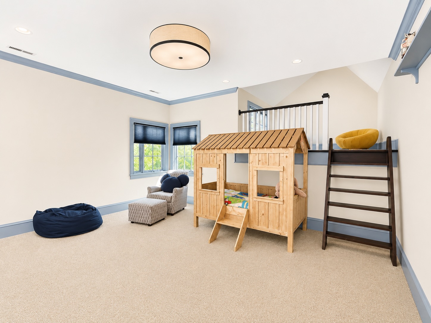 Bunkroom and playroom with built-in loft and interior playhouse