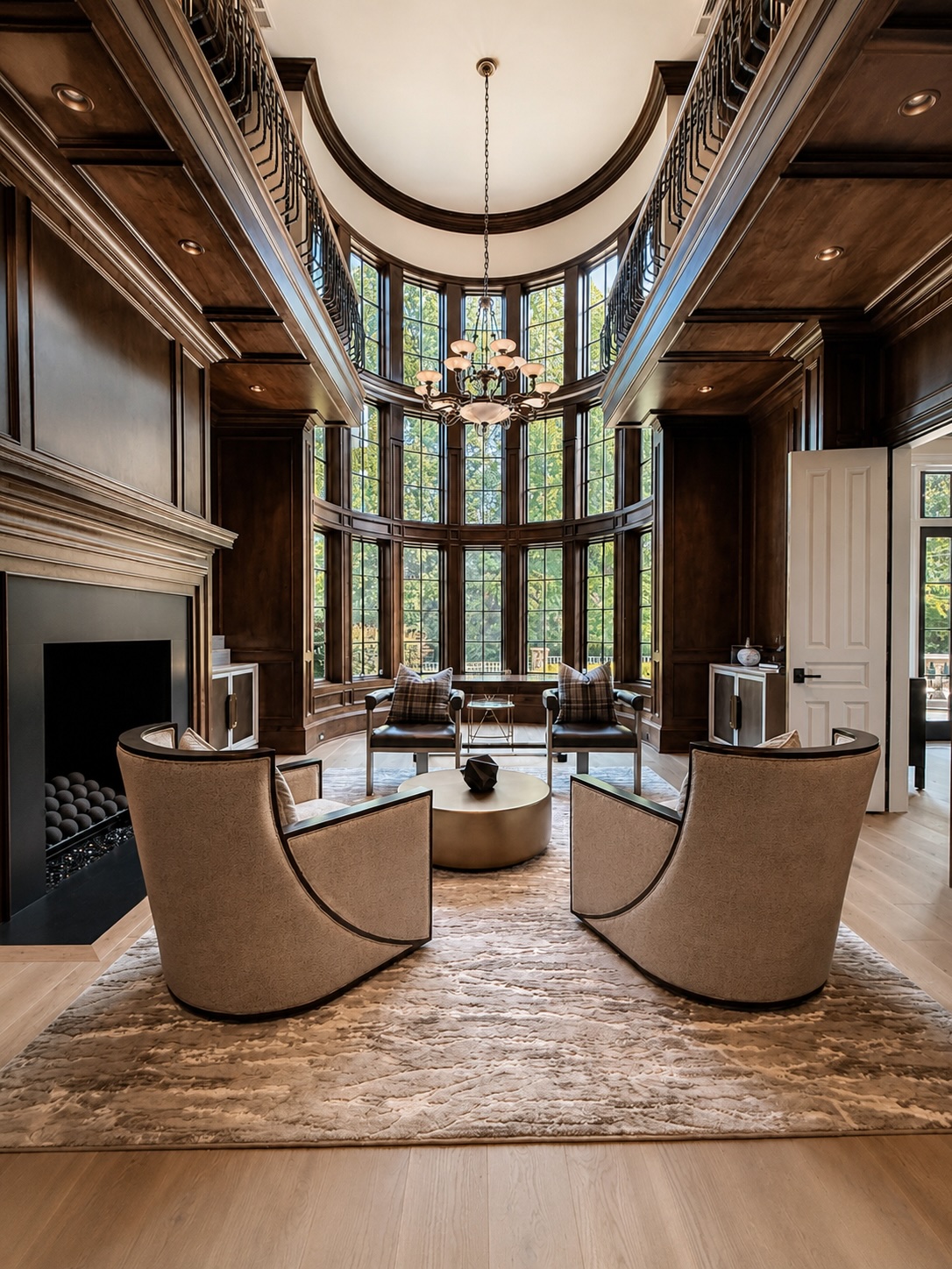 Executive study with curved bay window, coffered dome ceiling, and fireplace